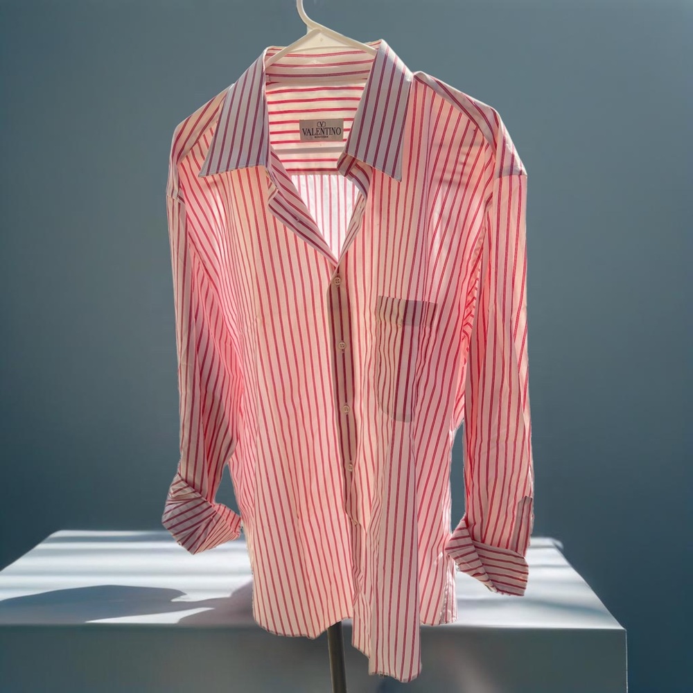 Valentino Boutique Red and White Striped Button-Up Shirt - Made in Italy